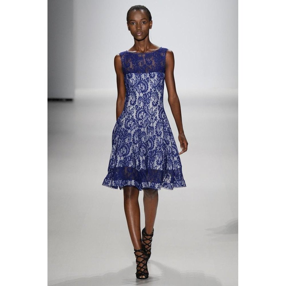 Womens Size Medium Tadashi Shoji Blue Corded Lace Spacer Mesh Fit and Flare Dres
